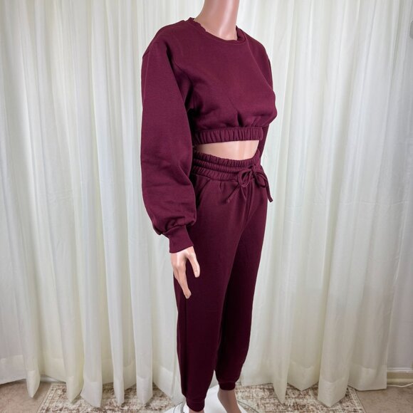 Zenana 2 Pcs Crop Sweatshirt Tracksuit High Waist Jogger Set Active Burgundy - Picture 5 of 9